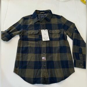 Denim & Flowers flannel (100% cotton) blue & olive green plaid boys shirt, 8.